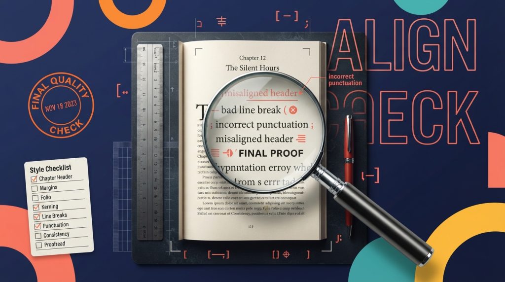 Proofreading checks book pages for errors, formatting, and typography
